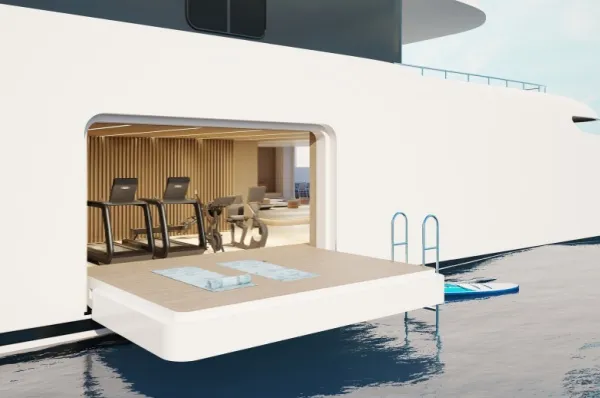 Der Indoor Outdoor Bereich auf der Emerald Kaia ist ein flexibles Fitnessstudio, dessen Außenwände als Plattform auf dem Meer dienen können.