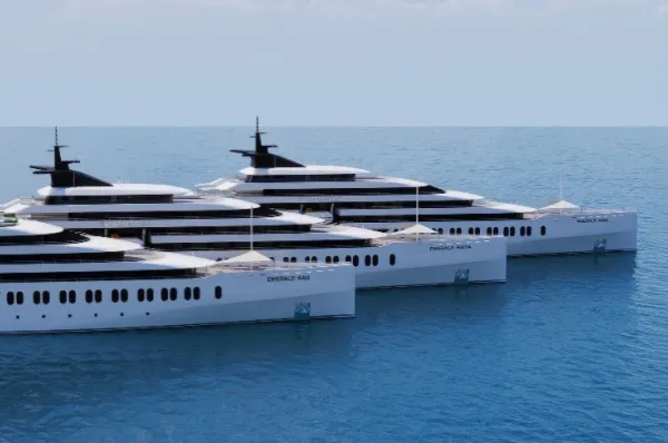 Renderings der Emerald Kaia, Raiya und Xara nebeneinander auf hoher See.