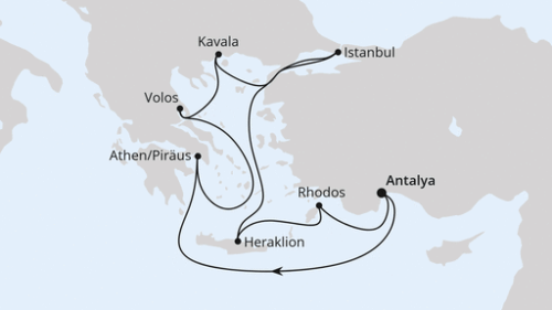 Antalya - Athen/Piräus - Volos - Kavala - Istanbul - Istanbul - Heraklion/Kreta - Rhodos Stadt - Antalya