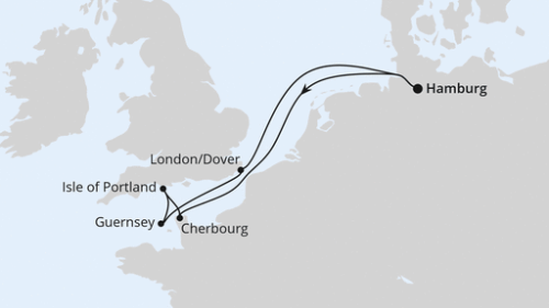 Hamburg - Cherbourg - Portland - Uk - St.Peter Port/Guernsey - Dover/London - Hamburg
