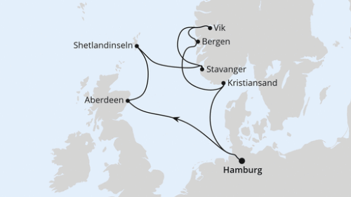 Hamburg - Aberdeen - Lerwick/Shetland Inseln - Stavanger - Vik - Sogn - Bergen - Kristiansand - Hamburg
