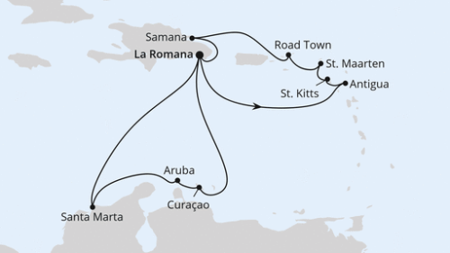 La Romana/Dom. Republik - St.Johns - Basseterre - Philipsburg - Roadtown - Samana - La Romana/Dom. Republik - Santa Marta - Oranjestad - Willemstad - Willemstad - La Romana/Dom. Republik