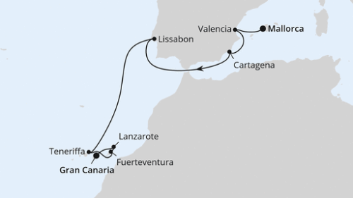 Palma - Valencia - Cartagena - Lissabon - Lissabon - Santa Cruz De Tenerife - Puerto del Rosario - Arrecife/Lanzarote - Las Palmas/Gran Canaria