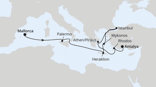 Palma - Sizilien/Palermo - Heraklion/Kreta - Mykonos - Istanbul - Istanbul - Athen/Piräus - Rhodos Stadt - Antalya