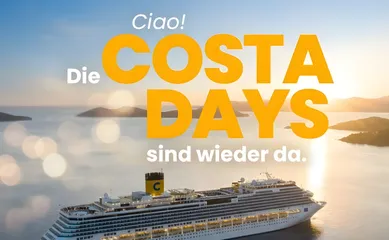 Costa Days 2026 Werbebanner mit Meeresblick und Pinien: ‚Ciao! Die Costa Days sind wieder da.