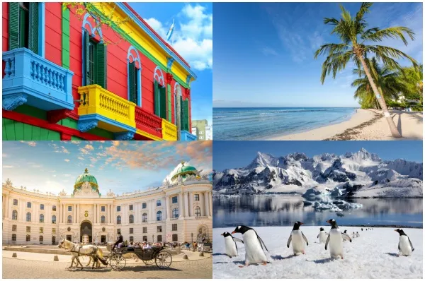vierteiliges Bild: oben links bunte Häuser in Buenos Aires, unten links prächtiges Gebäude mit Pferdekutsche in Wien, oben rechts Palmen und Sandstrand in der Karibik, unten rechts Pinguine auf Eisscholle und Eisberge in der Antarktis.