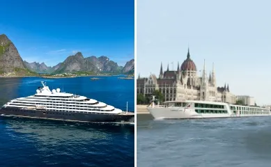 Zweiteiliges Bild: links eine Scenic Yacht vor Berglandschaften, rechts ein Flusskreuzfahrtschiff von Scenic vor dem Dom in Budapest.