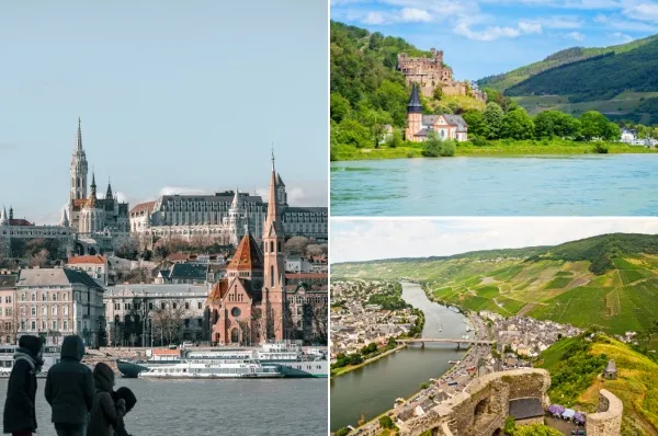 dreiteiliges Bild: links Häuser in Budapest und davor Touristen, oben rechts eine Burg und eine Kirche am Berg vor dem Rhein, unten rechts Blick auf das Moseltal mit einer Burgruine.