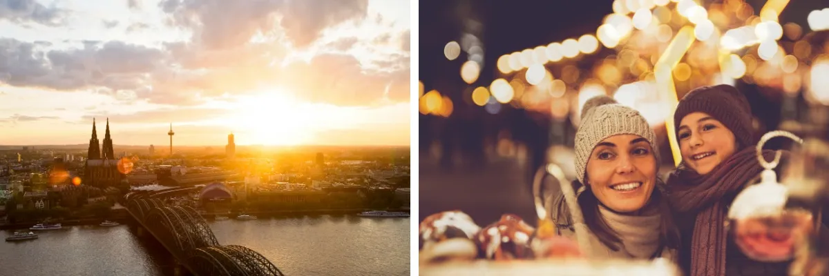 2-teiliges Bild: links der Kölner Dom und die Hohenzollernbrücke im Sonnenuntergang, rechts eine Mutter mit ihrer Tochter beim Weihnachtsmarkt.