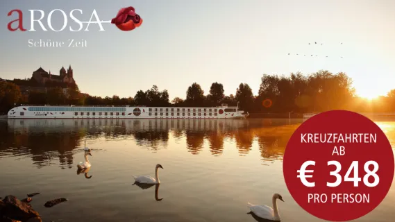 A-ROSA Flusskreuzfahrtschiff bei Sonnenuntergang auf dem Main vor der Würzburger Festung, Schwäne im Vordergrund, Angebot ab 348 Euro pro Person