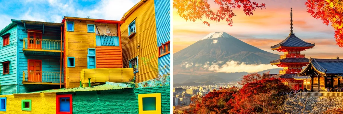 Links bunte Häuser auf verschiedenen Ebenen in Buenos Aires und rechts ein japansicher Tempel und ein Vulkan im Hintergrund.