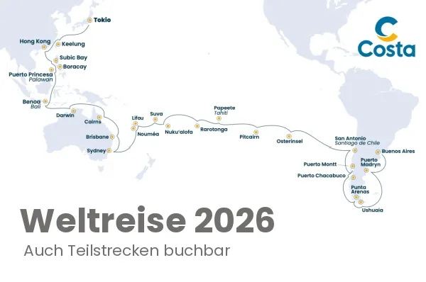 Die Routenkarte der Costa Weltreise 2026 von Tokyo nach Buenos Aires und dem Schriftzug "Weltreise 2026, auch Teilstrecken buchbar".