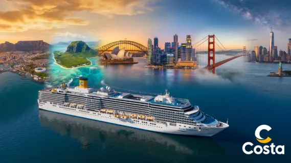Costa Deliziosa Kreuzfahrtschiff vor einer Weltreise-Panorama-Kulisse mit Kapstadt, Mauritius, Sydney Opera House, Harbour Bridge, Skyline Asien, Golden Gate Bridge und New York