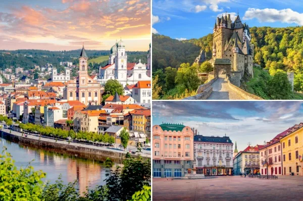 dreiteilige Collage: links Stadt Passau am Fluss in Abendröte, oben rechts Burg Eltz bei Koblenz vor Wäldern, unten rechts Altstadt von Bratislava.