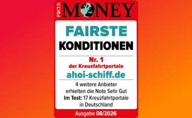 Auszeichnung von FOCUS MONEY für Ahoi-Schiff.de als Nr. 1 der Kreuzfahrtportale in Deutschland in der Kategorie Fairste Konditionen, Ausgabe 08/2026.