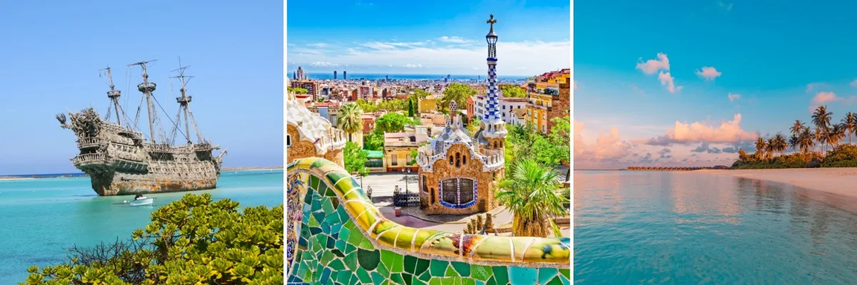 Die Reiseziele der Disneyflotte 3-teiliges Bild: links eine Schiffswrack auf der Disney Privatinsel Castaway Cay, mittig der Park Güell in Barcelona an einem sonnigen Tag, recht ein Strand auf den Bahamas in einem pinken Sonnenuntergang.