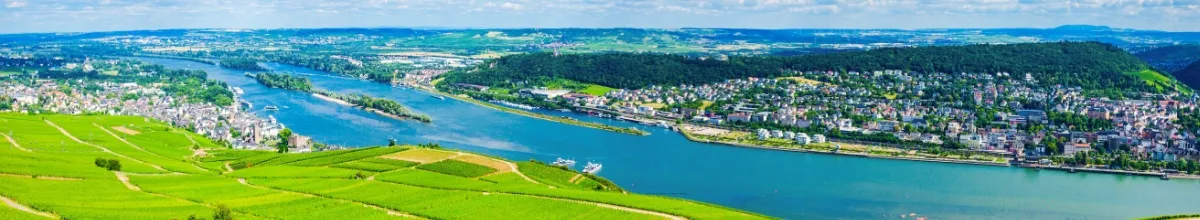 Flusslandschaft Rhein Blick von den Weinbergen auf die Stadt Rüdesheim am Rhein.