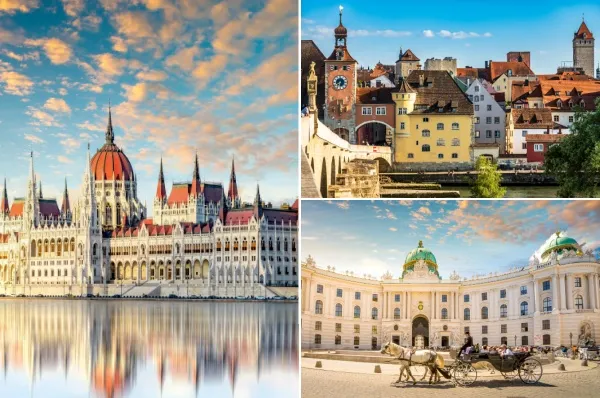 Destinationen MS Swiss Pearl dreiteilige Collage: links der Budapester Dom vor dem Wasser, oben rechts Altstadt von Bratislava, unten rechts imposantes Gebäude und Pferdekutsche in Wien.