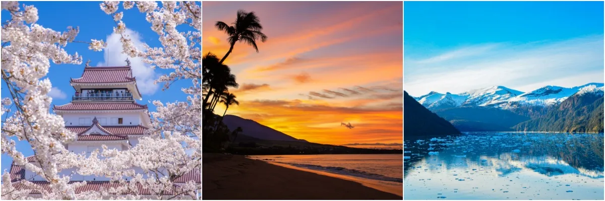 3-teiliges Bild: links die Kirschblütte in Japan, mittig ein Strand auf Hawaii und rechts Blick über eine Küste von Alaska.