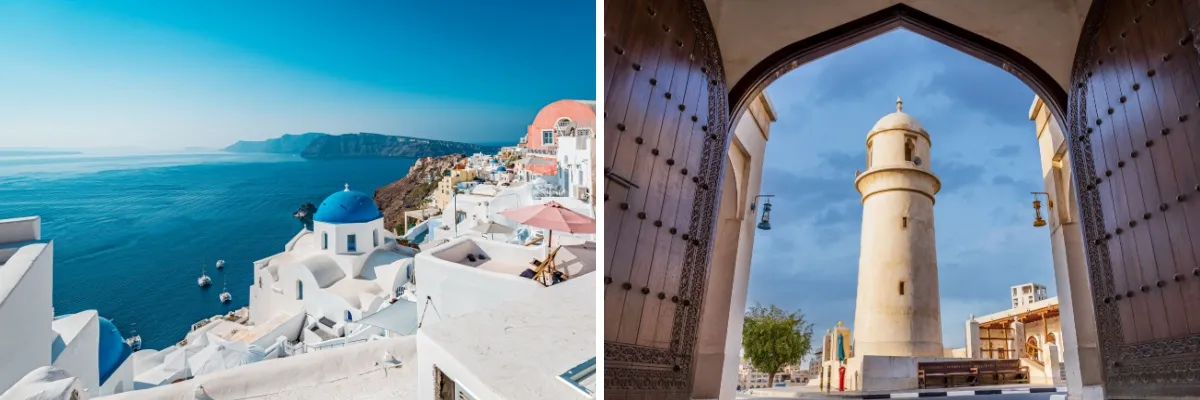 Die Reiseziele von Celestyal Cruises: z. B. Mykonos in Griechenland oder Doha, der Hauptstadt von Katar.