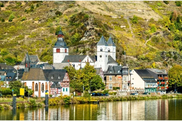 Rheinroute mit DCS-Touristik: eine Stadt mit Bergen im Hintergrund