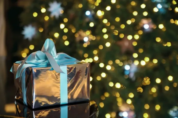 Themen- und Eventkreuzfahrten von DCS-Touristik Ein Geschenk steht vor dem Tannenbaum mit Lichterketten.