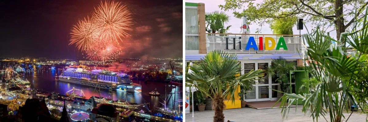 Zwei-geteiltes Bild: links AIDAprima beim Feuerwerka m Hamburger Hafen, rechts die AIDA Urlaubswelt beim Hamburger Hafenfest mit dem Schriftzug "Hi AIDA".