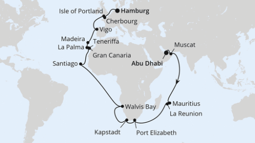 Weltenbummler Mauritius & Südafrika ab Abu Dhabi Abu Dhabi - Muscat - Äquatorüberquerung - Port Louis - Le Port - Port Elizabeth - Kapstadt - Kapstadt - Kapstadt - Walvis Bay - Äquatorüberquerung - Santiago/Praia (Kapverden) - Santa Cruz De Tenerife - Las Palmas/Gran Canaria - Santa Cruz/La Palma - Func