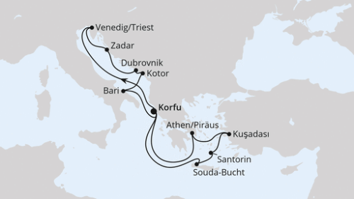 Adria & Griechenland ab Korfu 1 Korfu - Triest - Zadar - Dubrovnik - Kotor - Bari - Korfu - Souda-Bucht - Santorin - Kusadasi - Athen/Piräus - Korfu