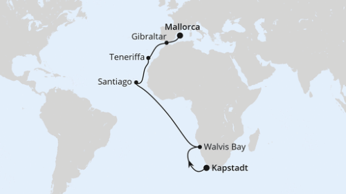 Von Kapstadt über Namibia nach Mallorca Kapstadt - Kapstadt - Walvis Bay - Walvis Bay - Äquatorüberquerung - Santiago/Praia (Kapverden) - Santa Cruz De Tenerife - Gibraltar - Palma