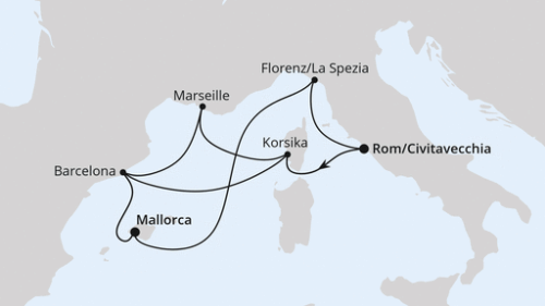 Spanien, Frankreich & Italien ab Civitavecchia 1 Rom/Civitavecchia - Ajaccio/Korsika - Marseille - Barcelona - Palma - Florenz/La Spezia - Rom/Civitavecchia - Ajaccio/Korsika - Barcelona - Palma