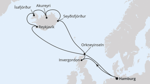 Island-Rundreise ab Hamburg Hamburg - Invergordon - Island/Reykjavik - Island/Reykjavik - Island/Isafjord - Island/Akureyri - Seydisfjordur - Kirkwall - Hamburg