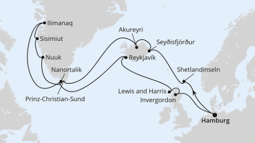 Island & Grönland ab Hamburg Hamburg - Lerwick/Shetland Inseln - Seydisfjordur - Island/Akureyri - Prins-Christian-Sund-Passage - Nuuk - Sisimiut (Holsteinsborg) - Ilimanaq - Ilimanaq - Nanortalik - Island/Reykjavik - Island/Reykjavik - Stornoway - Invergordon - Hamburg