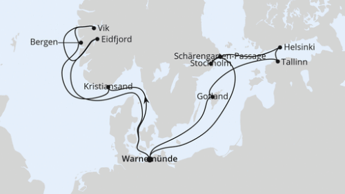Highlights der Nord- & Ostseeküste 2 Warnemünde - Kristiansand - Bergen - Vik - Sogn - Eidfjord - Warnemünde - Visby - Tallinn - Tallinn - Helsinki - Stockholm - Schärengarten-Passage - Warnemünde