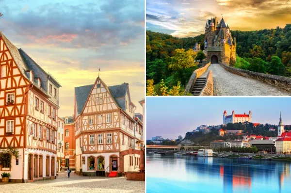dreiteiliges Bild: links Fachwerkhäuser in der Altstadt von Mainz, oben rechts thront die Burg Satzvey auf einem Hügel, unten rechts Blick auf die Häuser und das Schloss der Stadt Bratislava am Fluss.
