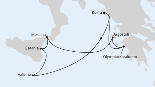 Korfu - Valletta - Sizilien/Catania - Messina - Argostolion - Olympia/Katakolon - Korfu