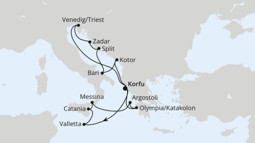 Korfu - Valletta - Sizilien/Catania - Messina - Argostolion - Olympia/Katakolon - Korfu - Kotor - Bari - Split - Zadar - Triest - Korfu