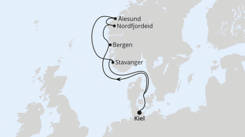 Kiel - Bergen - Nordfjordeid - Alesund - Stavanger - Kiel