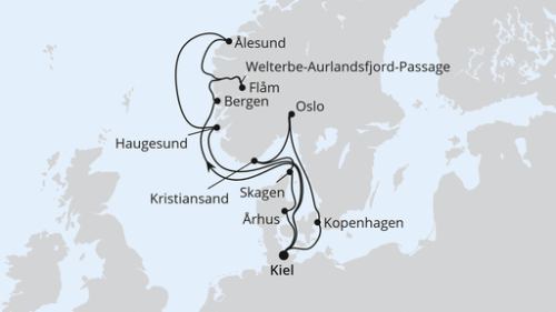 Kiel - Bergen - Flam - Welterbe-Aurlandsfjord-Passa - Alesund - Haugesund - Kiel - Kopenhagen - Oslo - Kristiansand - Skagen - Arhus - Kiel