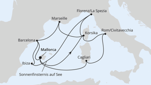 Palma - Ajaccio/Korsika - Florenz/La Spezia - Sonnenfinsternis Auf See - Ibiza - Barcelona - Palma - Cagliari - Rom/Civitavecchia - Ajaccio/Korsika - Marseille - Barcelona - Palma