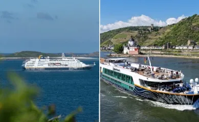 Zwei-geteiltes Bild: Links die MS Hamburg, recht die MS Lady Diletta vor dem Schloss Pfalzgrafenstein.