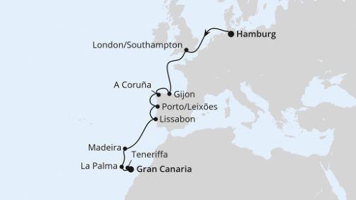 Hamburg - Southampton - Gijon - La Coruna - Porto/Leixoes - Lissabon - Funchal/Madeira - Santa Cruz/La Palma - Santa Cruz De Tenerife - Las Palmas/Gran Canaria