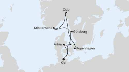 Kiel - Kopenhagen - Kopenhagen - Oslo - Kristiansand - Göteborg - Arhus - Kiel