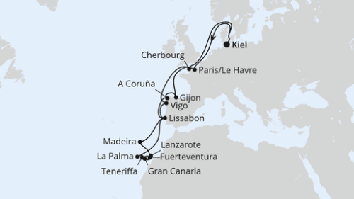 Kiel - Paris/Le Havre - Gijon - La Coruna - Lissabon - Lissabon - Funchal/Madeira - Puerto del Rosario - Las Palmas/Gran Canaria - Arrecife/Lanzarote - Santa Cruz De Tenerife - Santa Cruz/La Palma - Lissabon - Lissabon - Vigo - Cherbourg - Kiel