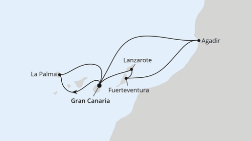 Las Palmas/Gran Canaria - Santa Cruz/La Palma - Las Palmas/Gran Canaria - Agadir - Puerto del Rosario - Arrecife/Lanzarote - Las Palmas/Gran Canaria
