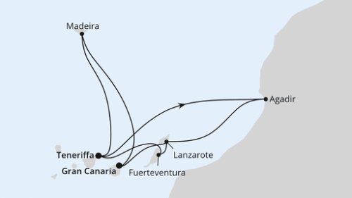 Santa Cruz De Tenerife - Agadir - Arrecife/Lanzarote - Las Palmas/Gran Canaria - Funchal/Madeira - Santa Cruz De Tenerife - Puerto del Rosario - Arrecife/Lanzarote - Las Palmas/Gran Canaria