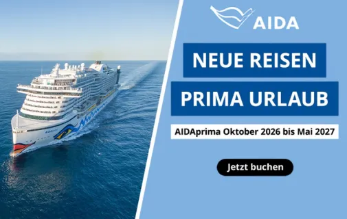 Buchungsstart AIDAprima: Sichern Sie sich jetzt Ihren Winterurlaub 2026/2027 Werbegrafik zum Buchungsstart von AIDAprima für die Wintersaison 2026/2027: Das Kussmundschiff auf blauem Ozean mit dem Hinweis auf neue Reisen und den Buchungszeitraum bis Mai 2027.
