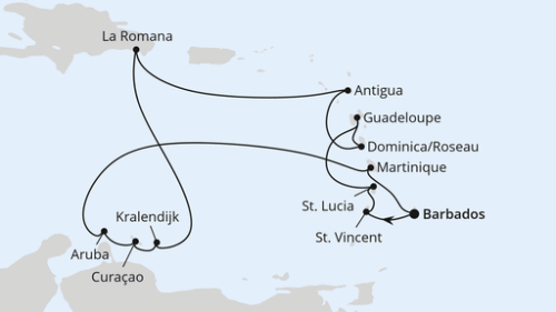 Bridgetown/Barbados - Kingstown - Castries - Pointe A Pitre - Rouseau - St.Johns - La Romana/Dom. Republik - Kralendijk - Willemstad - Oranjestad - Fort De France - Bridgetown/Barbados