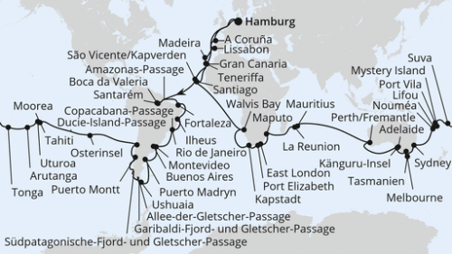 Hamburg - La Coruna - Las Palmas/Gran Canaria - Mindelo - Äquatorüberquerung - Amazonas-Passage - Santarem - Boca Da Valeria - Amazonas-Passage - Fortaleza - Ilheus - Rio De Janeiro - Rio De Janeiro - Copacabana-Passage - Montevideo - Buenos Aires - Puert