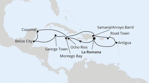 La Romana/Dom. Republik - Ocho Rios - Cozumel - Belize - Grand Cayman - Montego Bay/Jamaika - Arroyo Barril (Samana) - Roadtown - St.Johns - La Romana/Dom. Republik